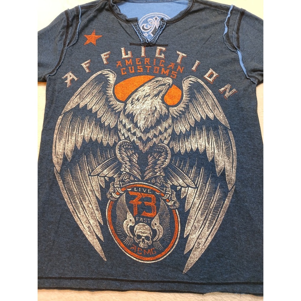 Affliction American Customs Blue Long Sleeve Reversible T-shirt Men's Medium Y2k